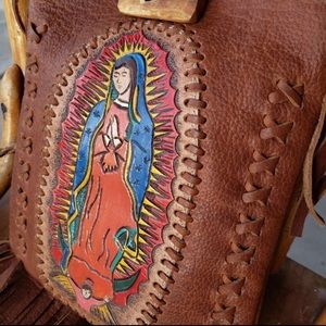 Brown Leather Crossbody Bag with Religious Artwork